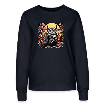 Hibou avec des vrilles de pétales de rose en aspect gravure sur bois - Sweat Femme - marine - Devant - AI Model Female 172 light (172cm)