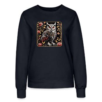 Hibou avec des vrilles de pétales de rose en aspect gravure sur bois - Sweat Femme - marine - Devant - AI Model Female 172 light (172cm)