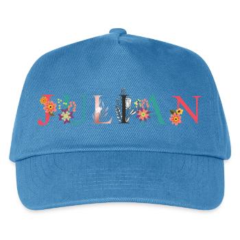 JULIAN Namenskunst mit gestickten Blumen - Kinder Basecap - Pfauenblau - Vorne