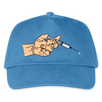 Spritze mit herauskommendem Tropf in der Hand - Kinder Basecap - Pfauenblau - Vorne