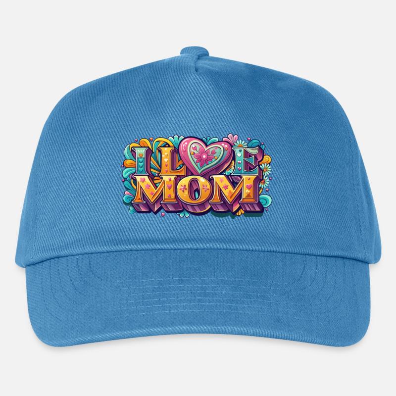 I Love Mom: Bunter Retro-Schriftzug - Kinder Basecap - Pfauenblau