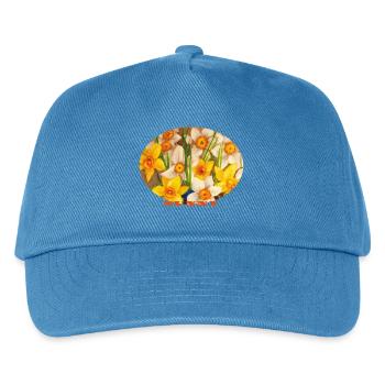 Sunny – Leuchtend gelbe Narzissen Ovale Kunst - Kinder Basecap - Pfauenblau - Vorne