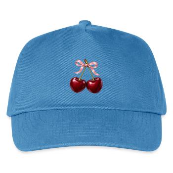 Burgunderrote Kirschen mit zartrosa Schleife - Kinder Basecap - Pfauenblau - Vorne