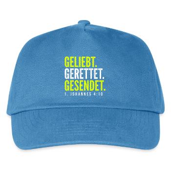 Geliebt. Gerettet. Gesendet. – 1. Johannes 4,10 - Kinder Basecap - Pfauenblau - Vorne