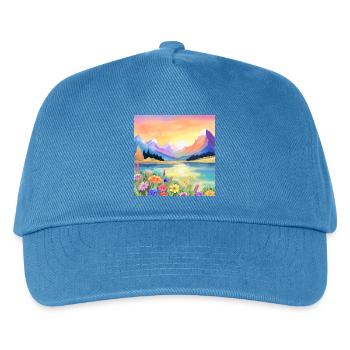 Sonnenuntergang über den Bergen, dem See und den Blumen - Kinder Basecap - Pfauenblau - Vorne