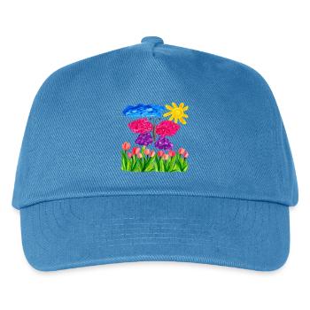 Farbenfroher Schmetterlingsgarten – Sonnenschein & Tulpen - Kinder Basecap - Pfauenblau - Vorne