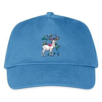 Hirsch Frühling Schmetterlinge Blumen Natur - Kinder Basecap - Pfauenblau - Vorne