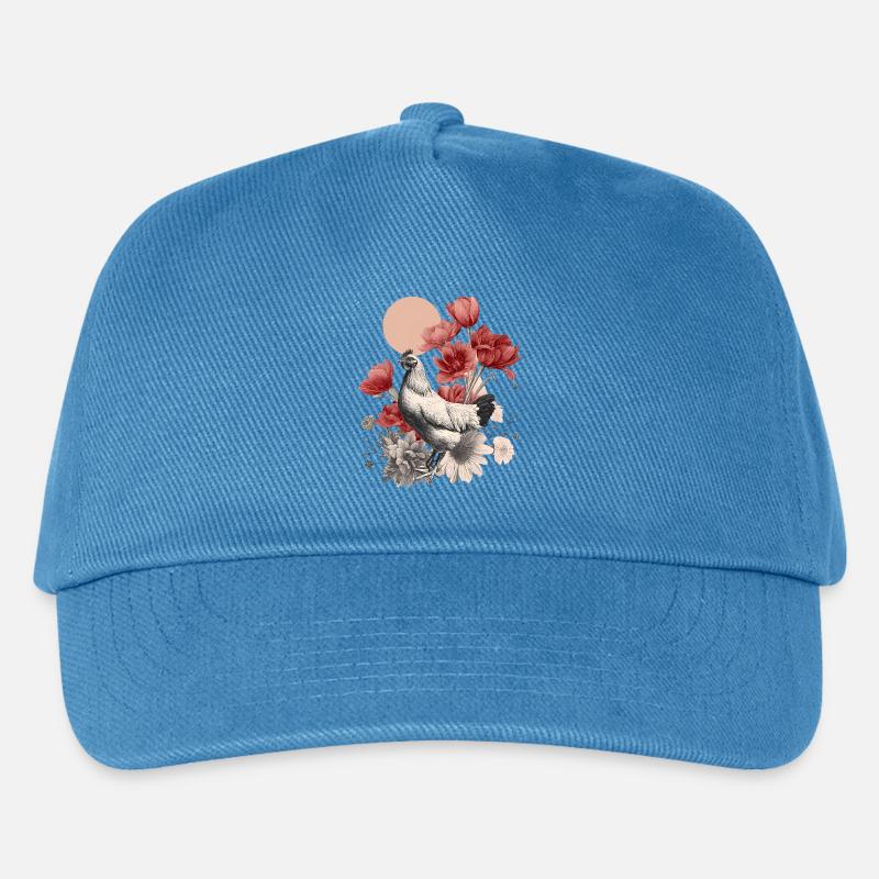 Vintage Huhn mit roten Blüten – Boho Illustration - Kinder Basecap - Pfauenblau