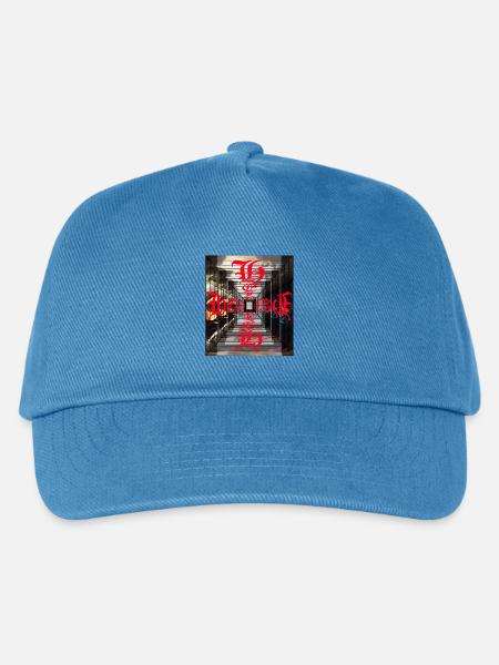 Rote gotische Hieroglyphen im Perspektivtunnel - Kinder Basecap - Pfauenblau