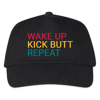 Wake up. Kick butt. Repeat - Kids’ Baseball Cap - black - Front