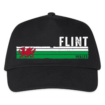 Entdecken Sie das Retro-inspirierte Stadtdesign von Flint Wales - Kinder Basecap - Schwarz - Vorne