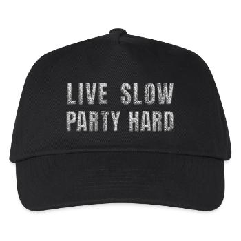 Live slow, party hard – Glitzer Disco Statement - Kinder Basecap - Schwarz - Vorne