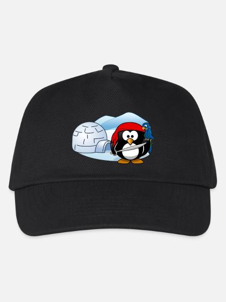 Pirate penguin with sword, parrot and igloo. - Kids’ Baseball Cap - black