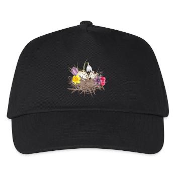 Frühlings Nest mit Eier,Federn und Frühlingsblüten - Kinder Basecap - Schwarz - Vorne