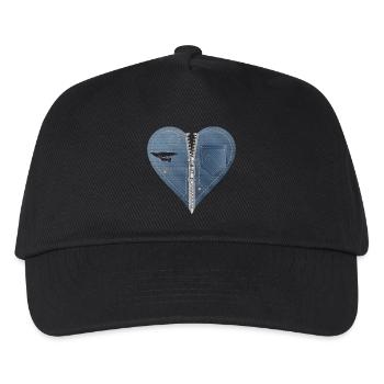 hellblaues Herz im Jeans Look mit Reißverschluss - Kinder Basecap - Schwarz - Vorne