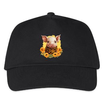 Schwein mit Sonnenblumenkranz, Charmantes Bauernho - Kinder Basecap - Schwarz - Vorne