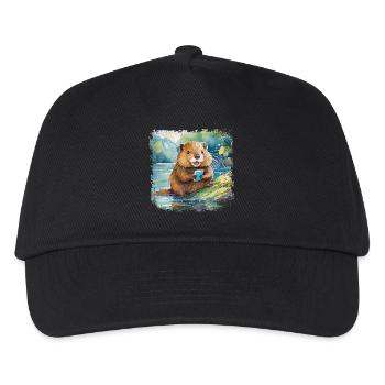 Cute young beaver with mobile phone - Kids’ Baseball Cap - black - Front