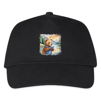 Cute young brown bear with mobile phone - Kids’ Baseball Cap - black - Front
