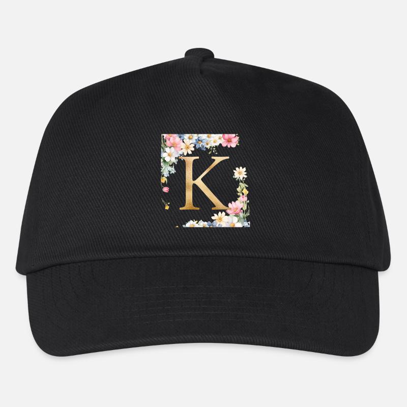 K Monogramm, Floral, personalisierbar - Kinder Basecap - Schwarz