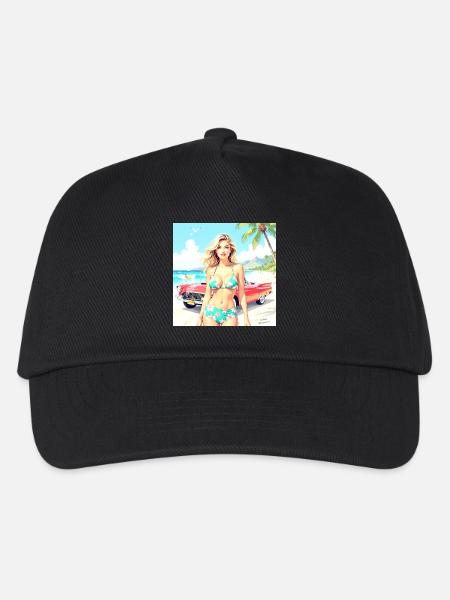 Frau am Strand mit Oldtimer - Kinder Basecap - Schwarz