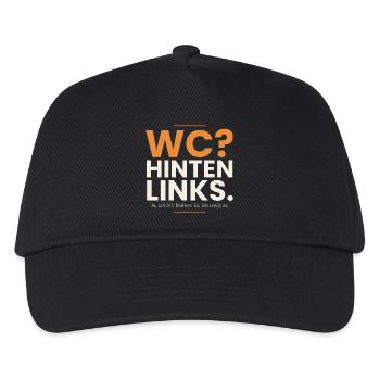WC? Hinten links. Lustiger Kellner Spruch - Kinder Basecap - Schwarz - Vorne