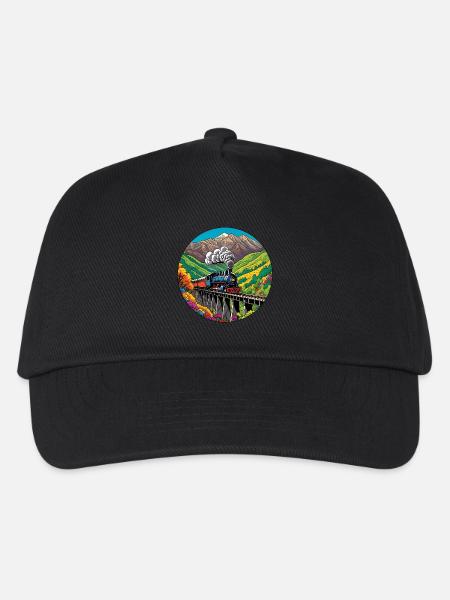 Bunter nostalgischer Eisenbahnzug mit Dampflok - Kinder Basecap - Schwarz