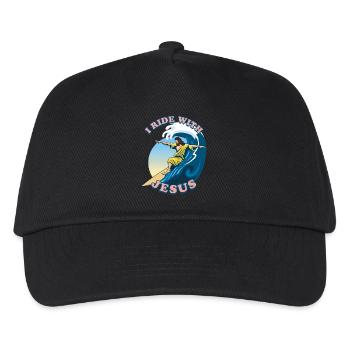 Ich fahre mit Jesus | Jesus Christus Surfer - Kinder Basecap - Schwarz - Vorne