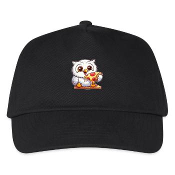 Funny Snowy Owl with Pizza Cartoon - Kids’ Baseball Cap - black - Front
