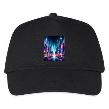 Futuristic Neon Cityscape – Vibrant Cyberpunk Art - Kids’ Baseball Cap - black - Front
