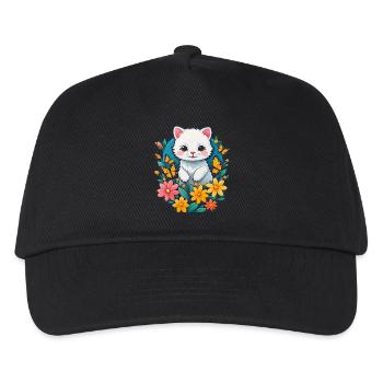Weißes Kätzchen mit Blumen - Kinder Basecap - Schwarz - Vorne