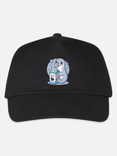 Kawaii Robbe Trinken Blaubeere Milch Niedliches Tier - Kinder Basecap - Schwarz