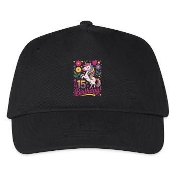 15th Birthday Unicorn Flowers Heart Pastel - Kids’ Baseball Cap - black - Front