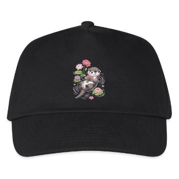 Otter T-Shirt mit Seerosen – Süßes Tiermotiv  - Kinder Basecap - Schwarz - Vorne