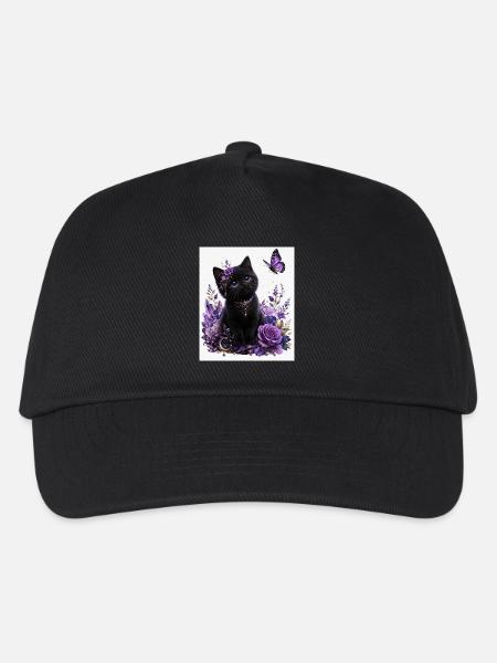 Lila-Schwarze Katze und Blumenschmetterling - Kinder Basecap - Schwarz