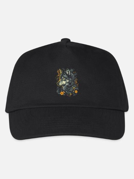 Wolf Wolfskopf Blumen Pflanzen Natur Wildnis Kunst - Kinder Basecap - Schwarz