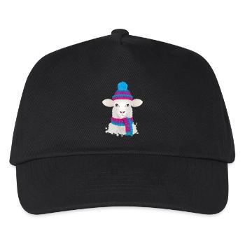 weißes Schaf mit bunter Pudelmütze & Strick Schal - Kinder Basecap - Schwarz - Vorne