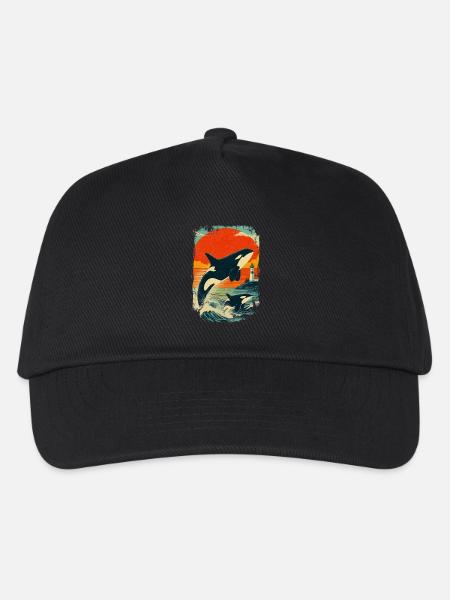Orca Wal Familie Leuchtturm Vintage Sonnenuntergan - Kinder Basecap - Schwarz