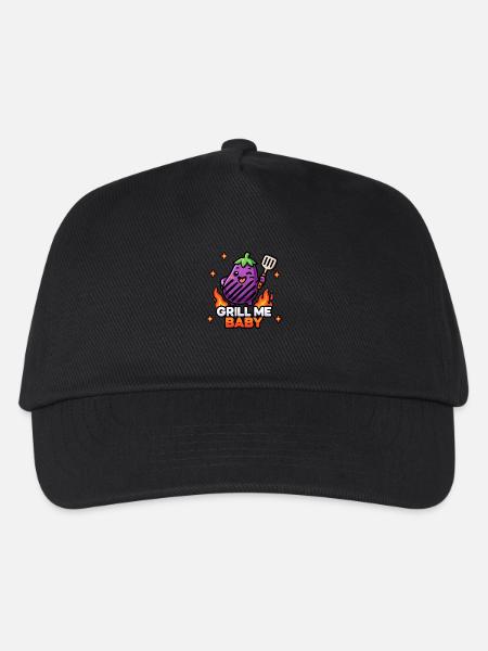 Kawaii Chibi süße Aubergine – Grill Me Baby BBQ Wortspiel - Kinder Basecap - Schwarz