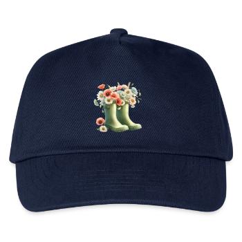 Gartenmotiv: Zwei grüne Gummistiefel mit Blumen - Kinder Basecap - Navy - Vorne