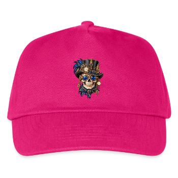 Totenkopf, Totenkopf, Steampunk-Hut, blaue Federn - Kinder Basecap - Fuchsia - Vorne