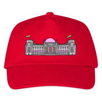 Der Bundestag in Berlin mit Regenbogenfahnen - Kinder Basecap - Rot - Vorne