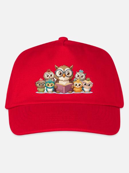Niedliche Eulenfamilie liest gemeinsam Geschichte Kunst - Kinder Basecap - Rot