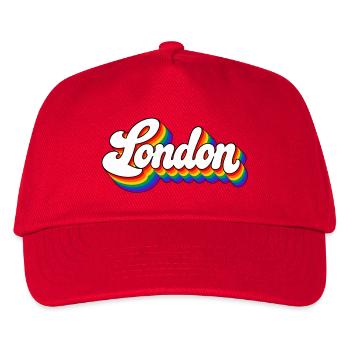 London - Regenbogen Schrift - GB - Great Britain - Kinder Basecap - Rot - Vorne