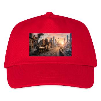 Time Travel: Retro Steam Train and Futuristic City - Kids’ Baseball Cap - red - Front