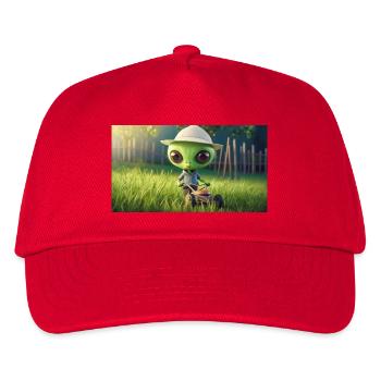 niedliches kleines grünes Retro Alien Rasen mähen - Kinder Basecap - Rot - Vorne