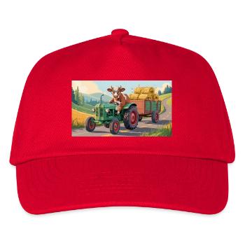 Cow on green tractor with hay wagon - Kids’ Baseball Cap - red - Front