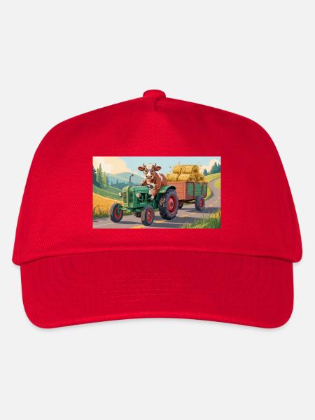 Kuh auf grünem Traktor mit Heuwagen - Kinder Basecap - Rot