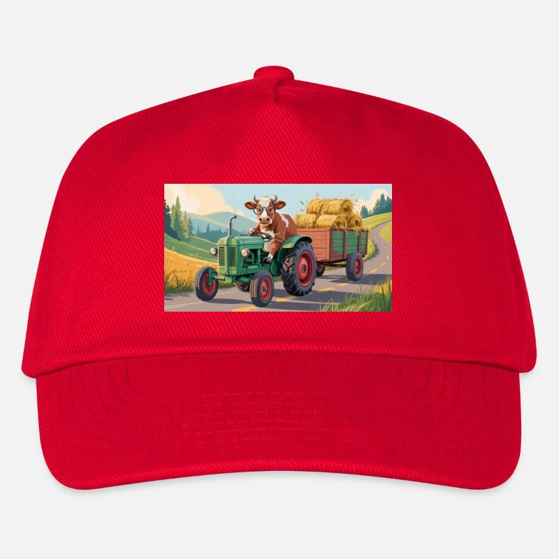 Kuh auf grünem Traktor mit Heuwagen - Kinder Basecap - Rot