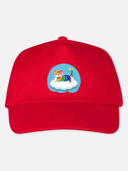 Kunterbunte Katze schwebt auf Wolke (Tag) - Kinder Basecap - Rot