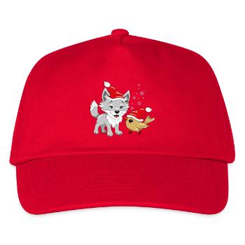 Smiling wolf and cute birdie in Christmas hats - Kids’ Baseball Cap - red - Front